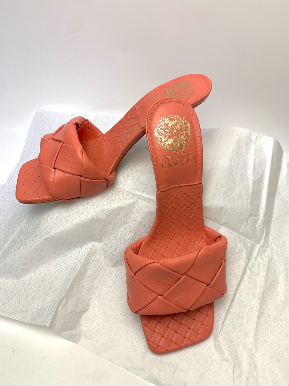 Vince Camuto Women's Coral Pink Brazil Leather Woven Mule Stiletto 7.5